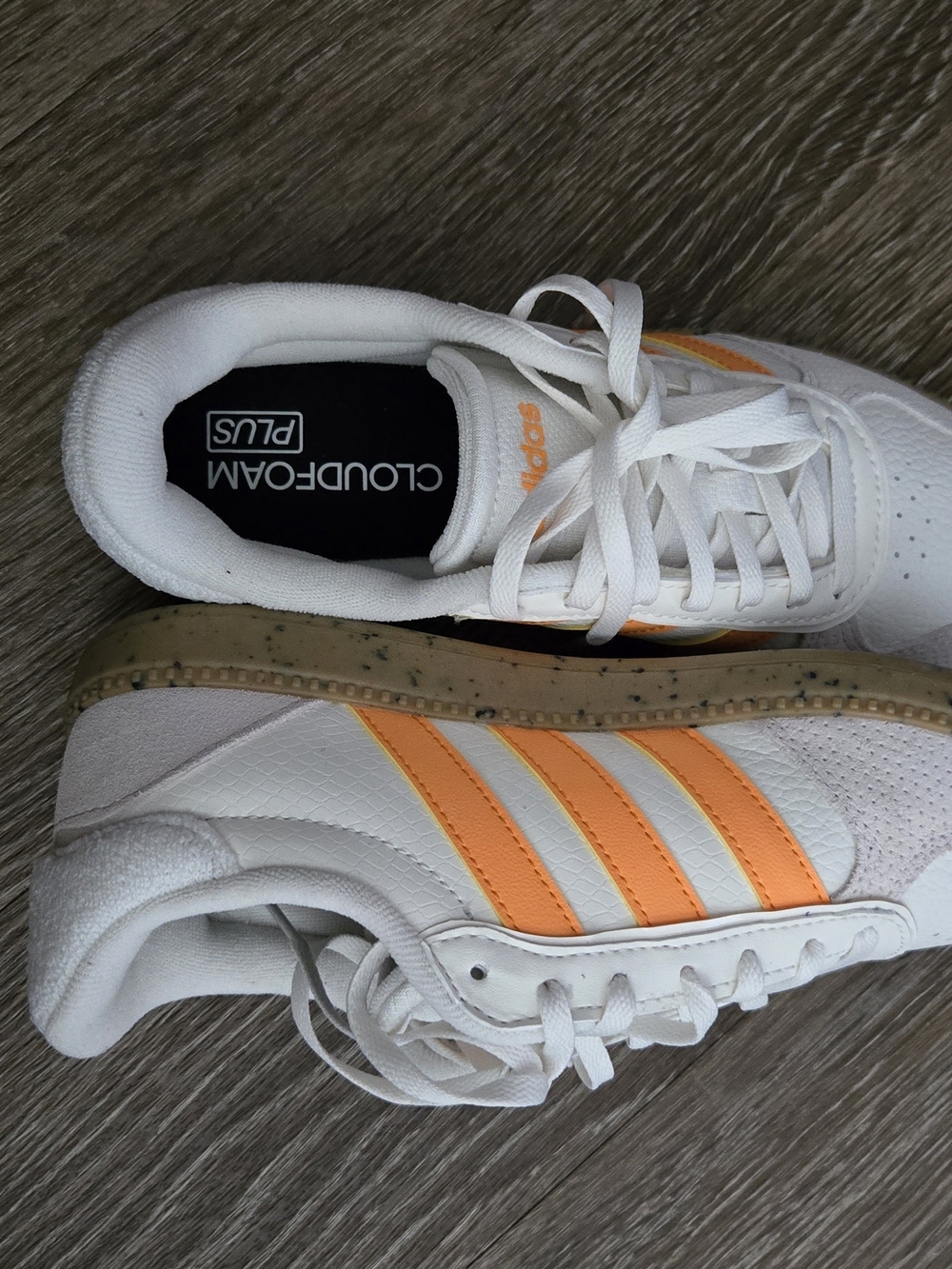 Adidas Women's White Sneakers with Orange Stripes - Cloudfoam Plus